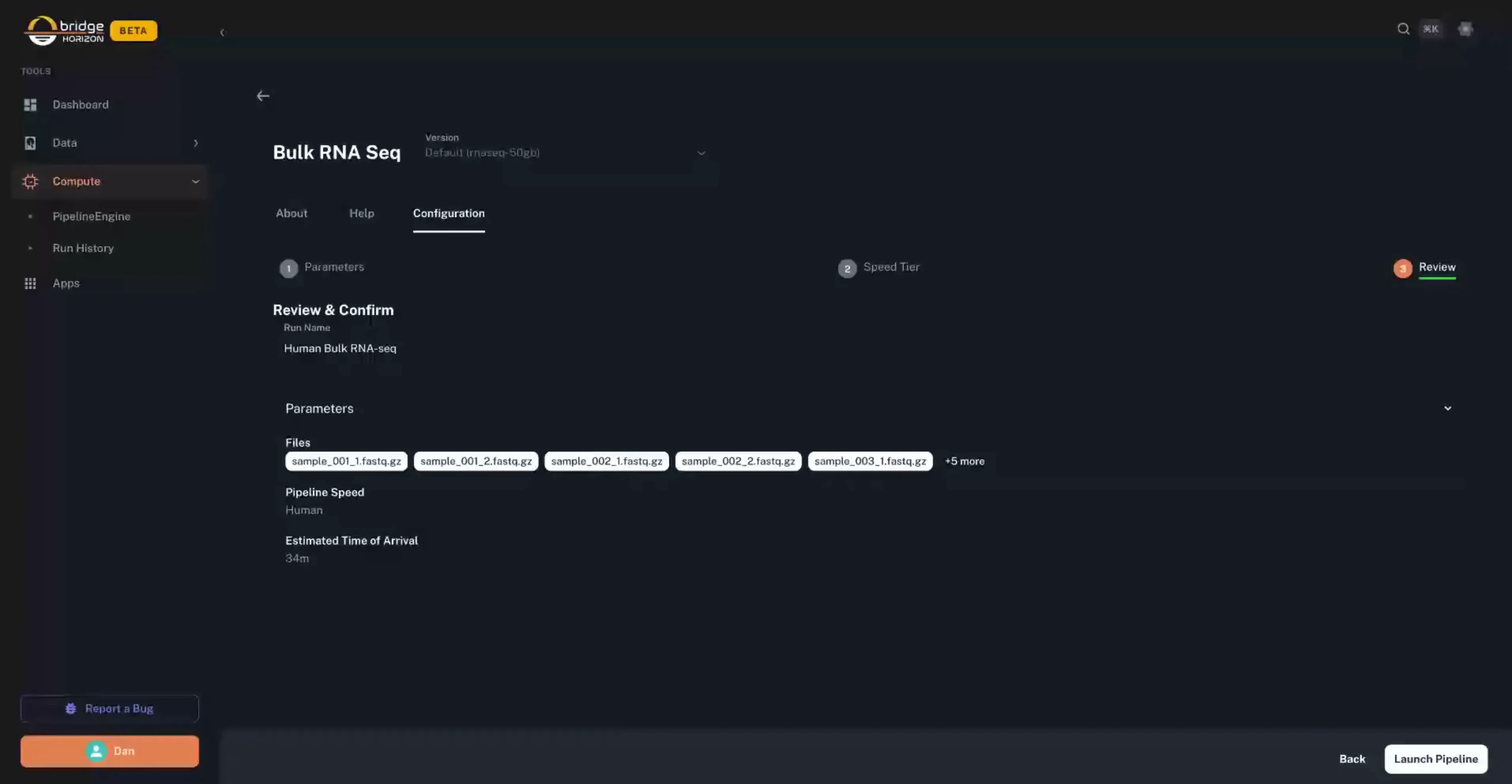 Pipeline Config screenshot of the Bridge Horizon genomics workspace