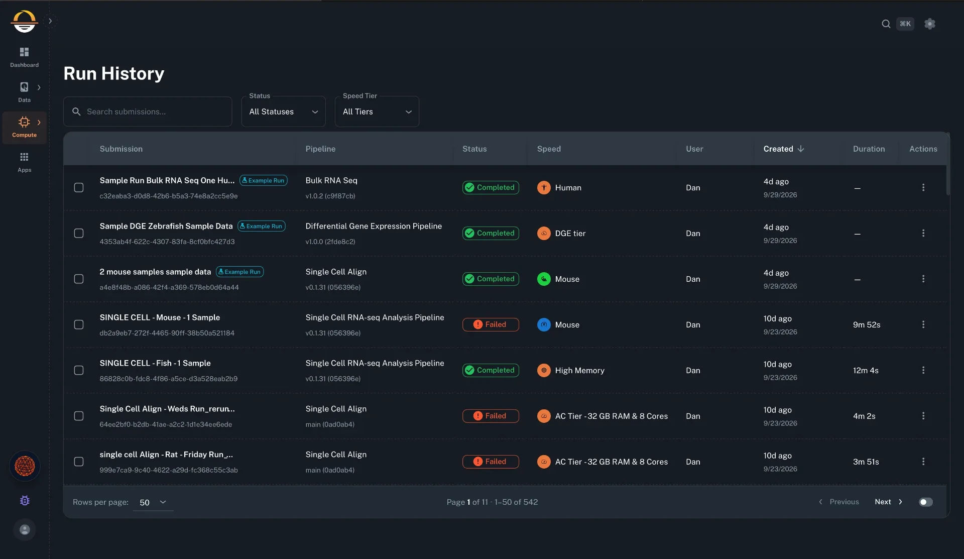 Run History screenshot of the Bridge Horizon genomics workspace