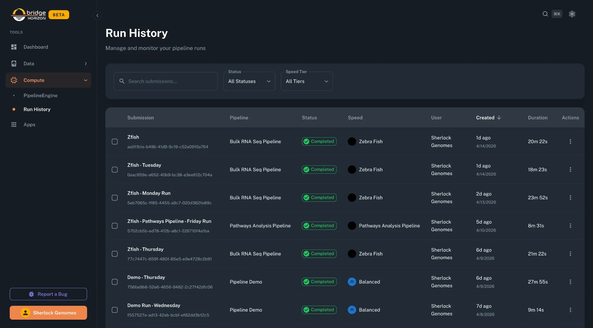 Run History screenshot of the Bridge Horizon genomics workspace